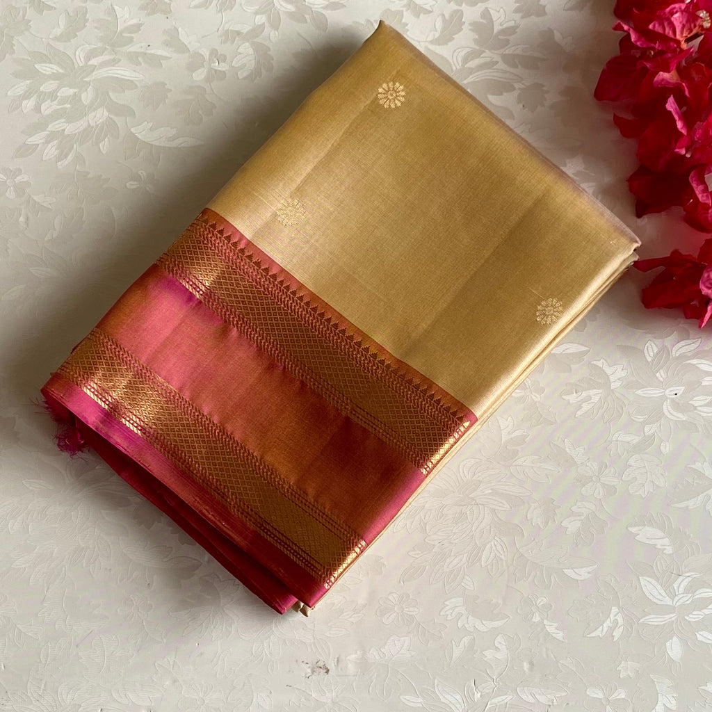 Pale Gold Designer Pure Silk Saree With Fiery Rose Pallu