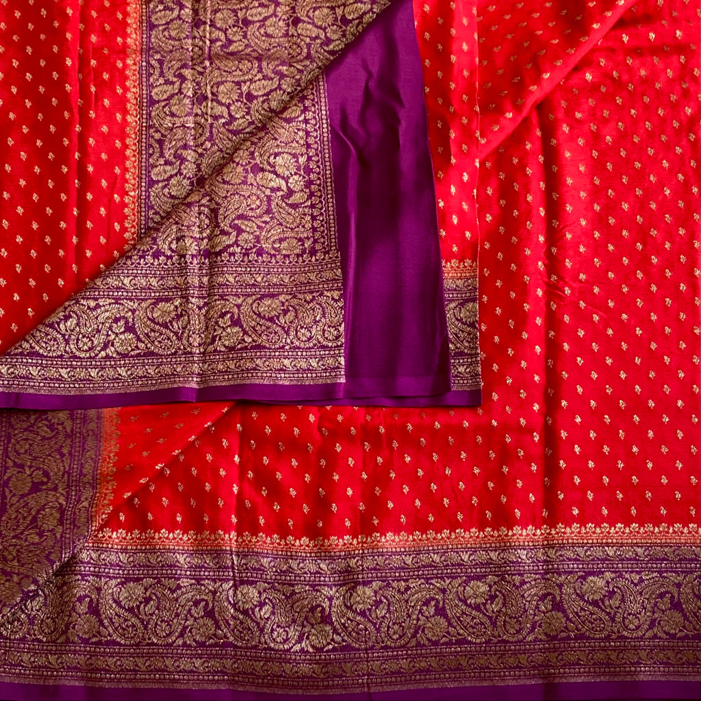 Scarlet Red Banarasi Crepe Silk Saree With Royal Purple Pallu