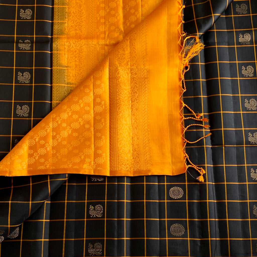 Charcoal Black Designer Pure Silk Saree With Saffron Orange Pallu