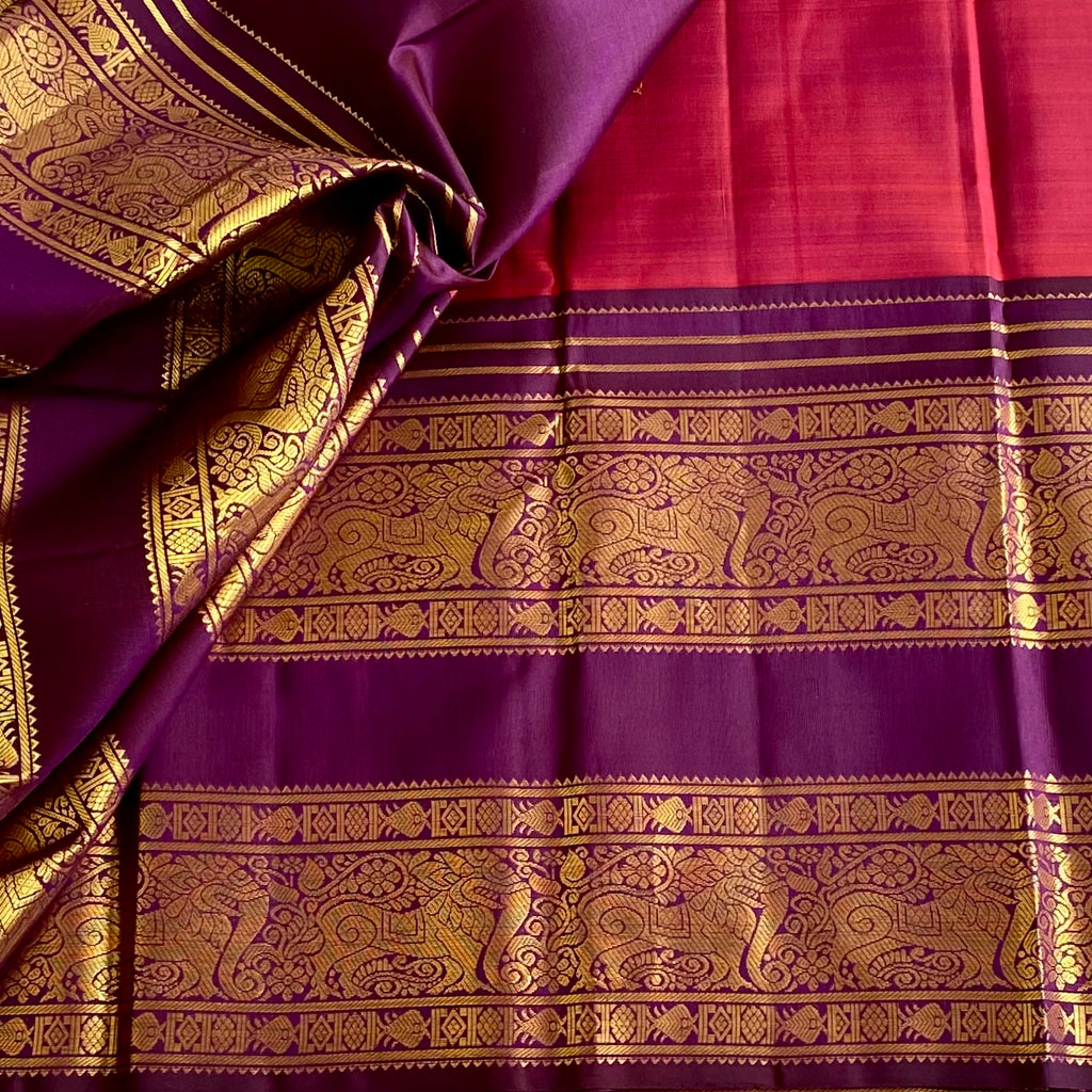 Dual Shaded Rust Pink With Elegant Purple Pure Zari Kanjeevaram Masterweave