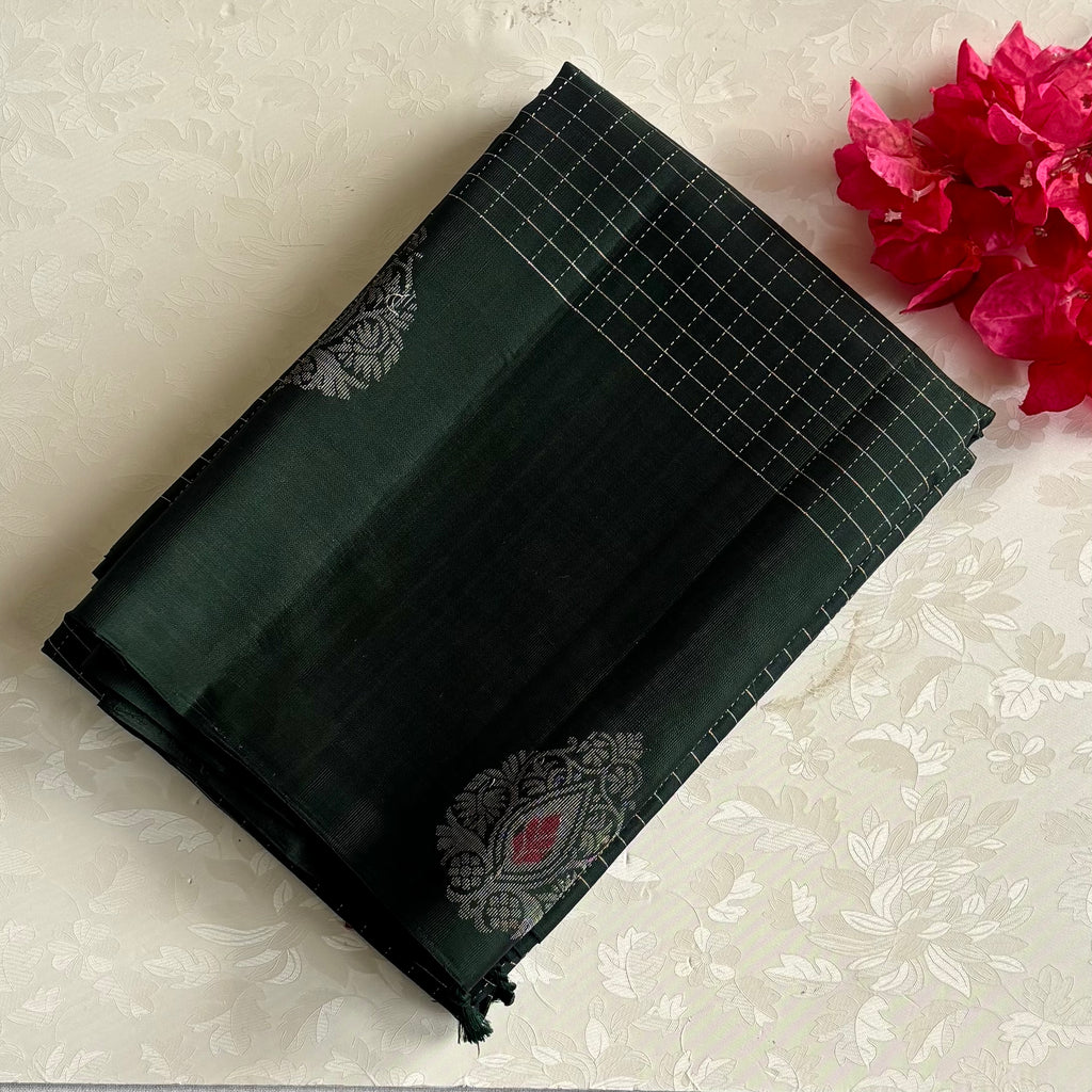 Bottle Green Designer Pure Silk Saree With Metallic Silver Pallu
