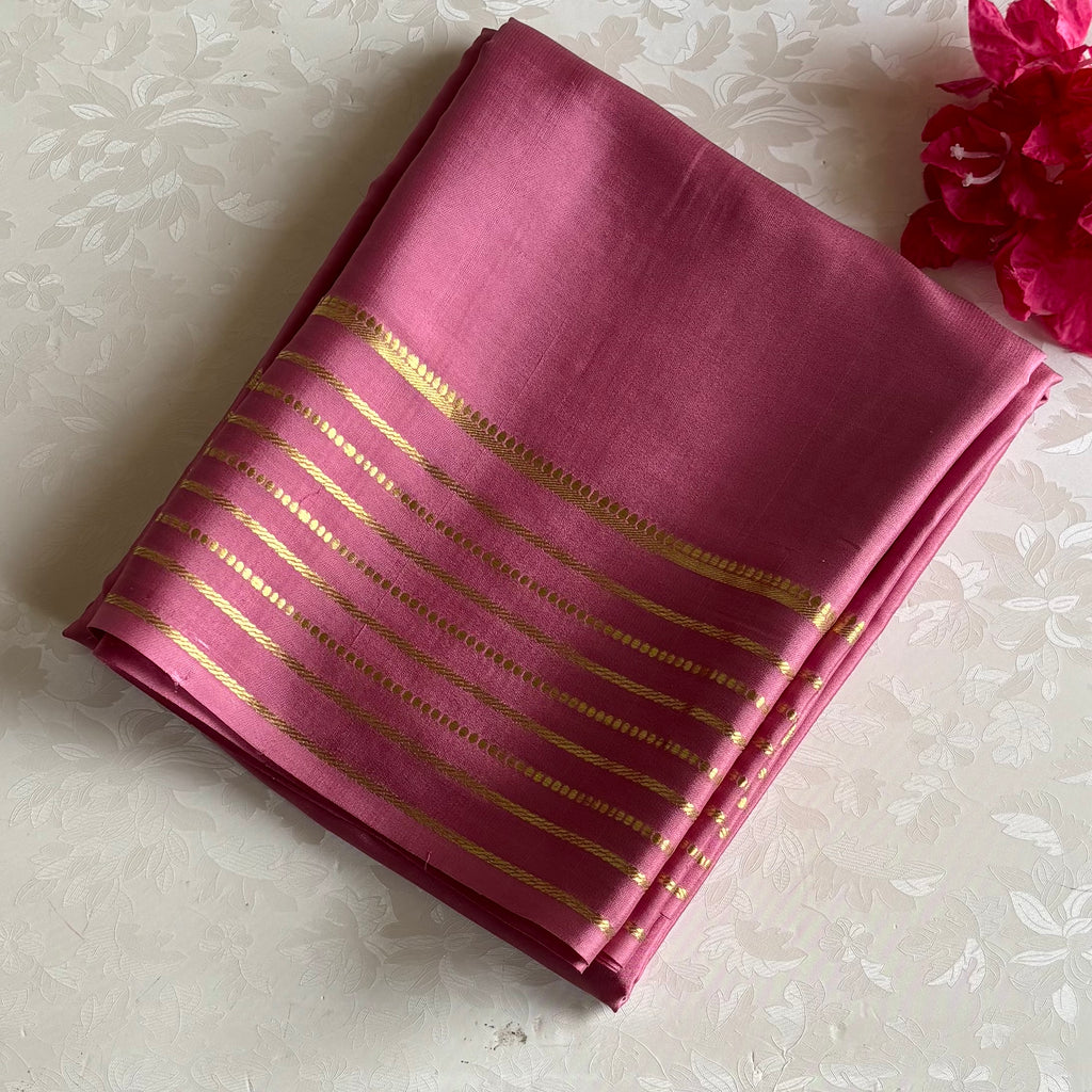 Metallic Rose Pink Mysore Crepe Silk Saree With Gold Striped Pallu And Border