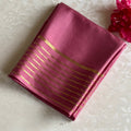 Metallic Rose Pink Mysore Crepe Silk Saree With Gold Striped Pallu And Border
