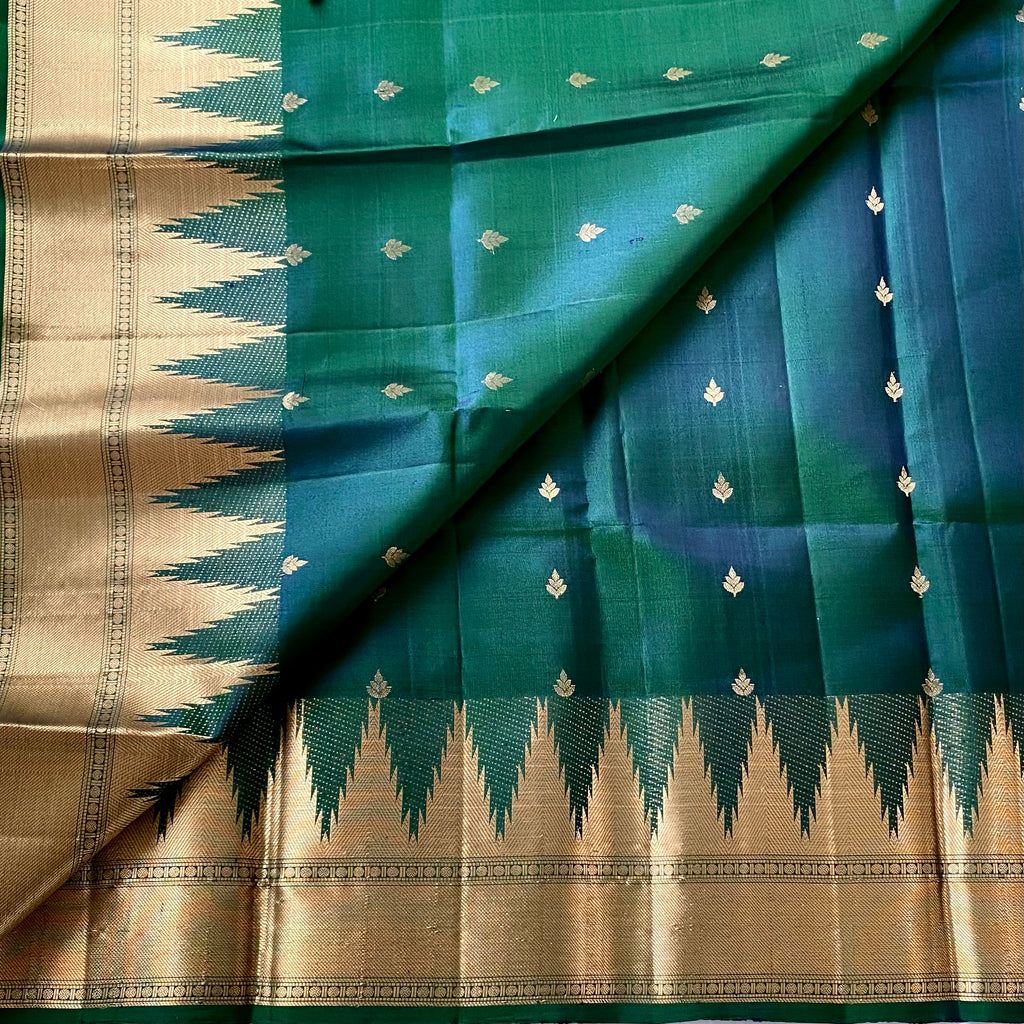 Emerald Green Gold Brocade Saree With Wide Zari Border