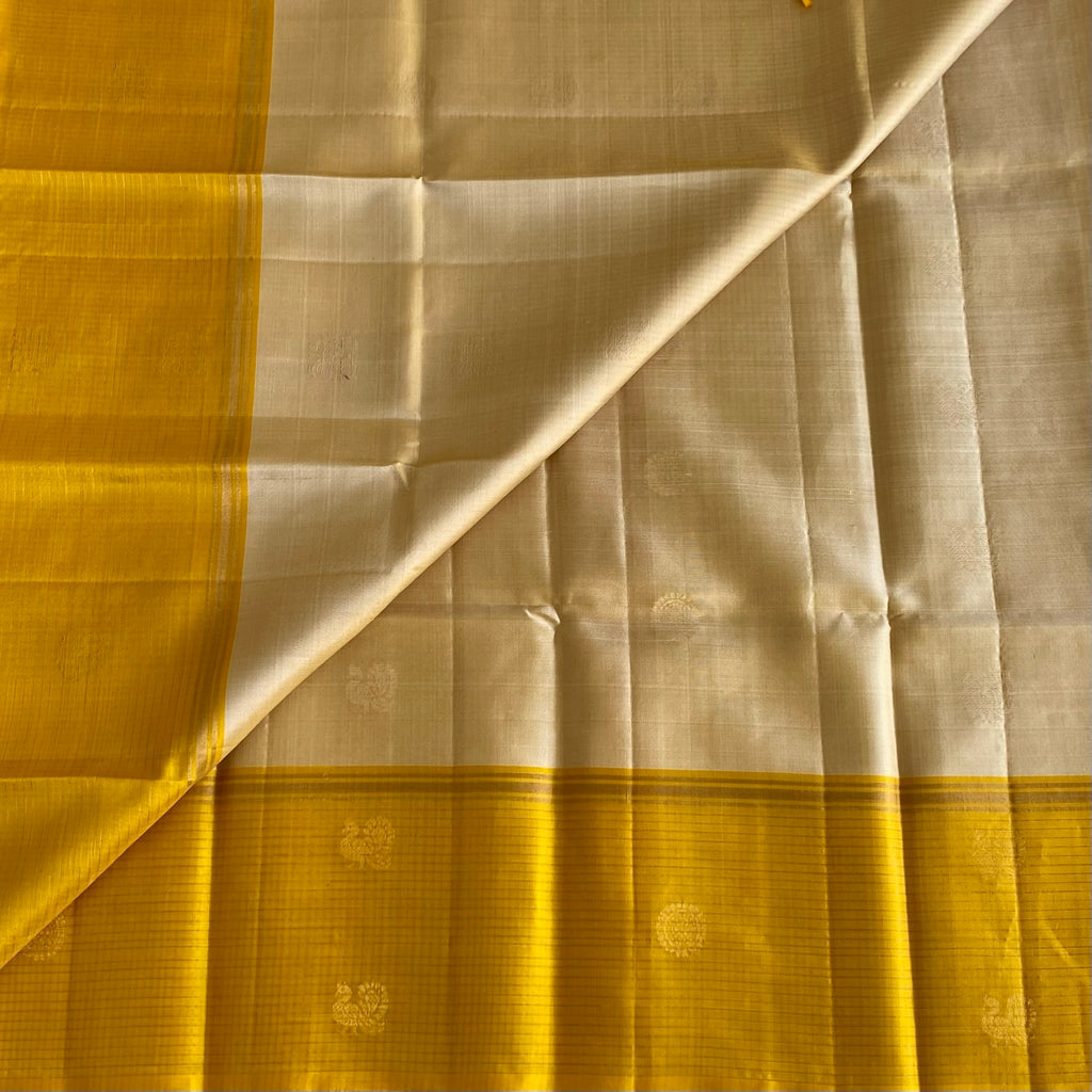 Champagne Beige Designer Pure Silk Saree With Stunner Mango Yellow Border