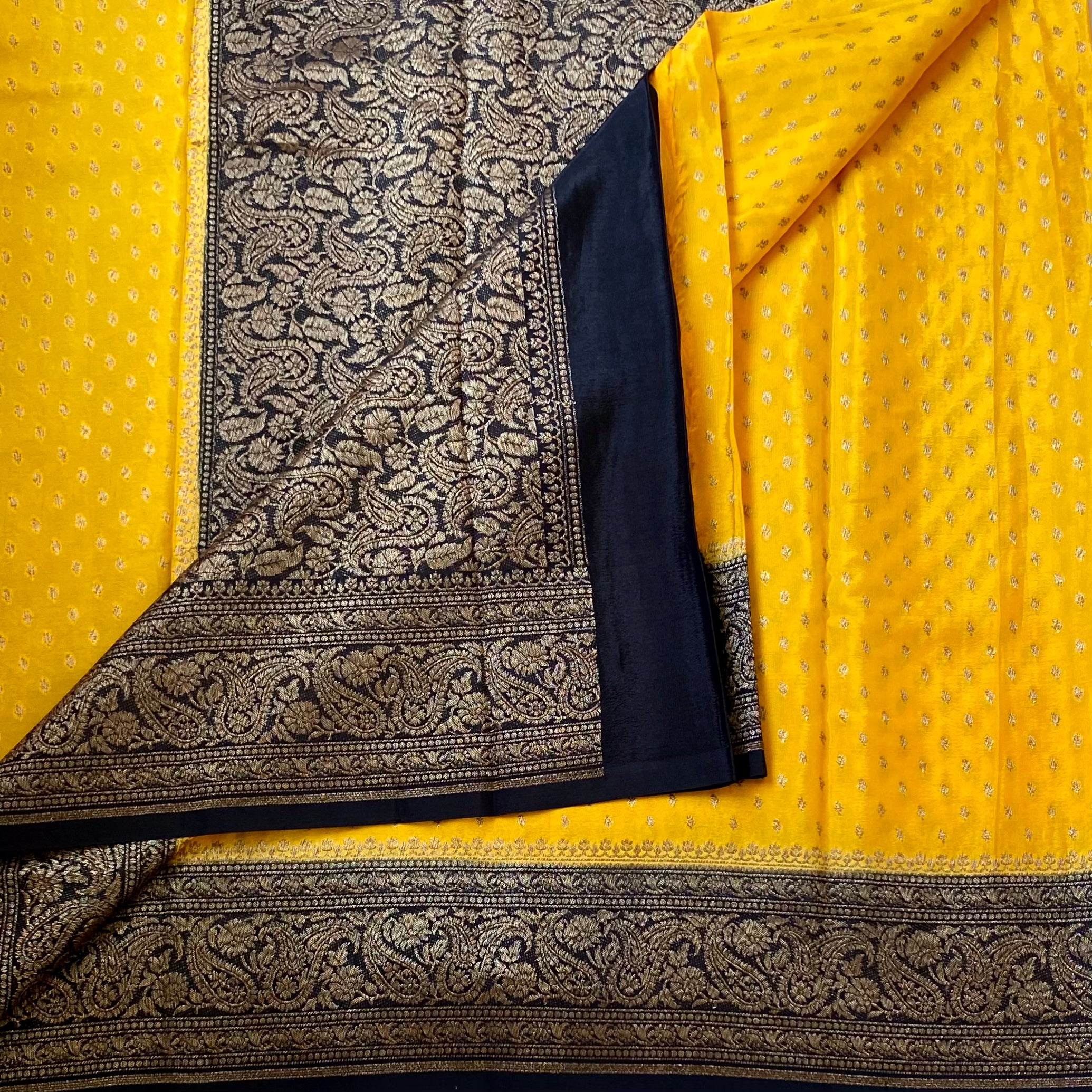 Marigold Yellow Banarasi Silk Saree with Black Paisley Brocade Pallu