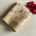 Light Beige Lightweight Tussar Embroidered Motifs With Tan Border Tassels