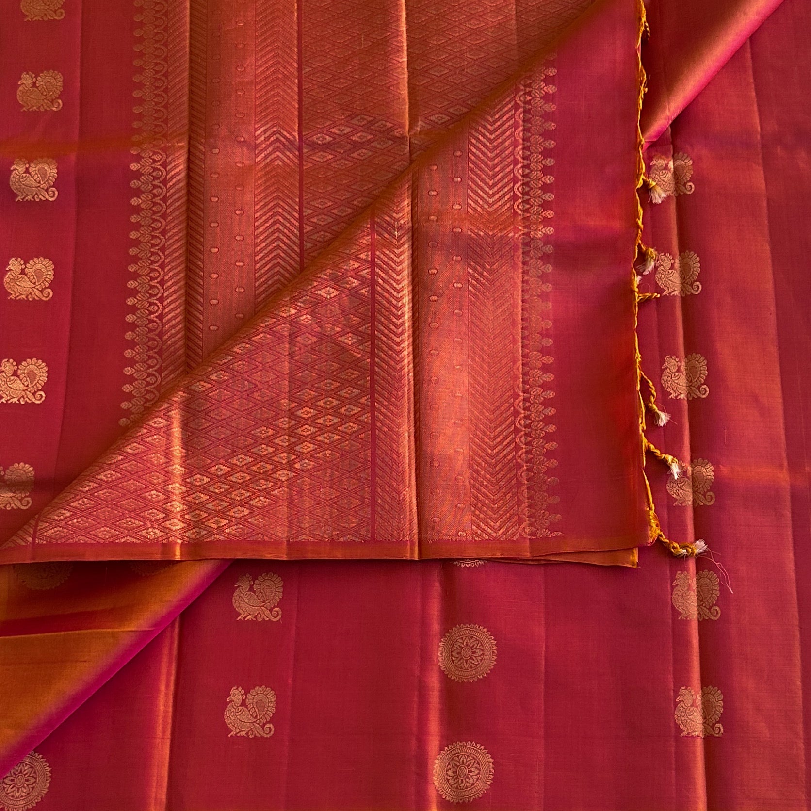 Magenta Saffron Gold Peacocks Geometric Pallu Traditional Wedding Saree Elegant