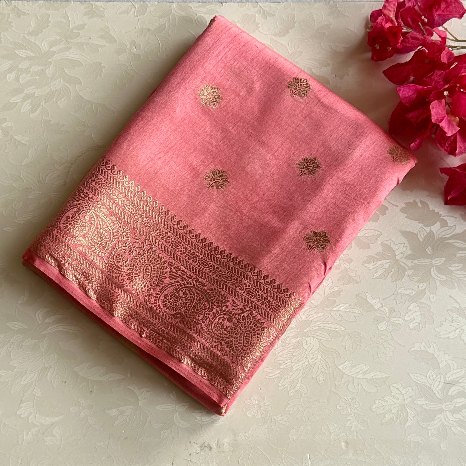 Rose Pink Banarasi Silk Saree With Gold Zari Border Traditional