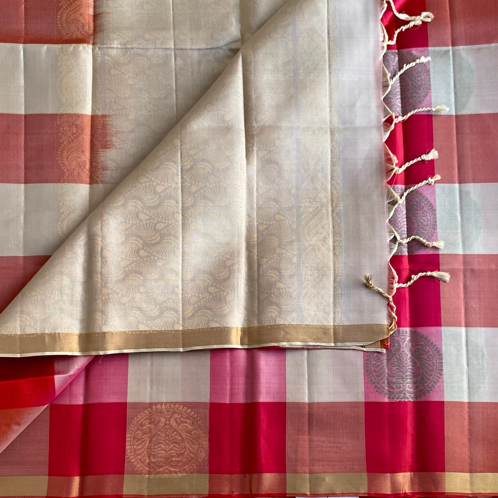 Champagne Beige & Rani Pink Checkered Designer Pure Silk Saree