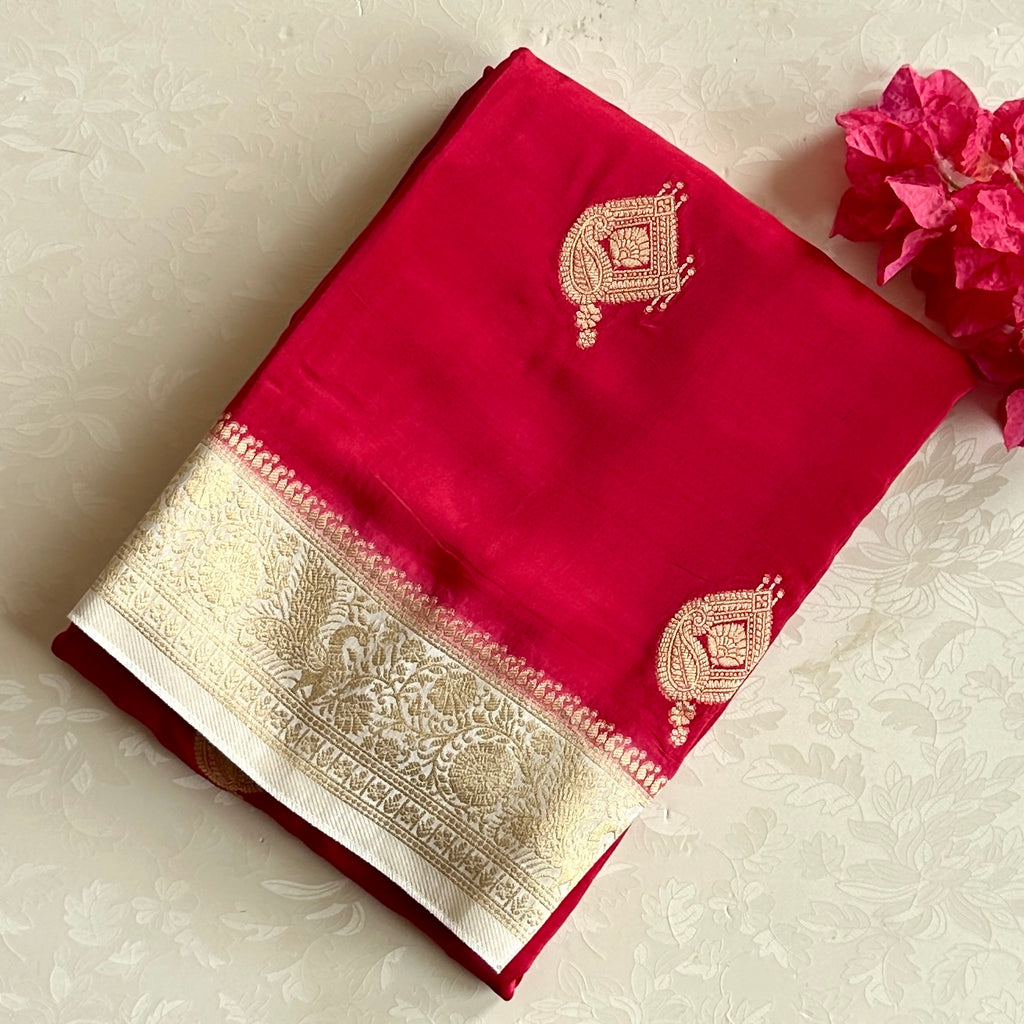 Cherry pinkish red with pearl designer soft crepe silk