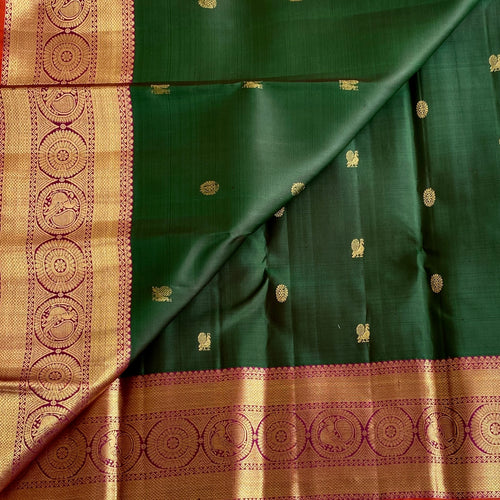 Bottle Green Kanjeevaram Pure Zari Silk Saree With Perfecf Magenta Pallu