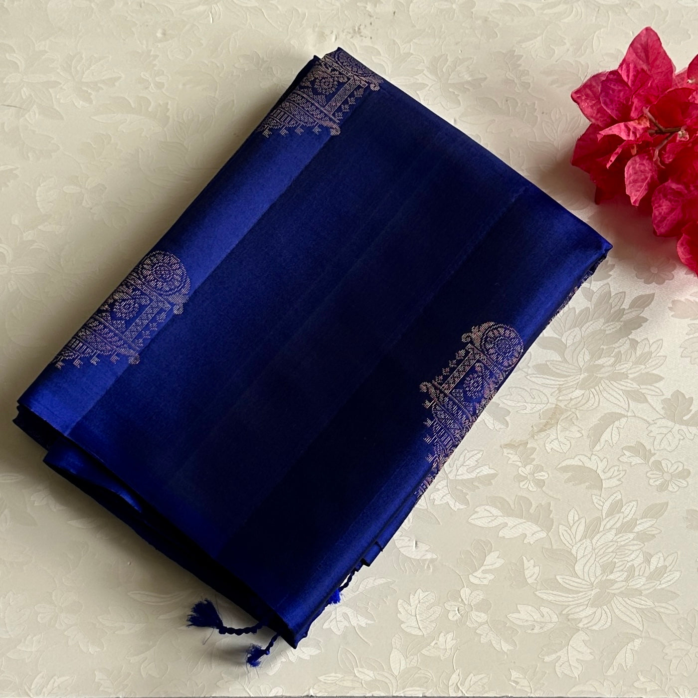 Royal Blue Silk Saree Gold Zari Chariot Floral Brocade Pallu
