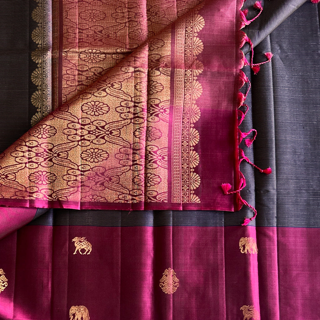 Magenta Silk Saree Antique Gold Jacquard Pallu Elephant Buta Traditional