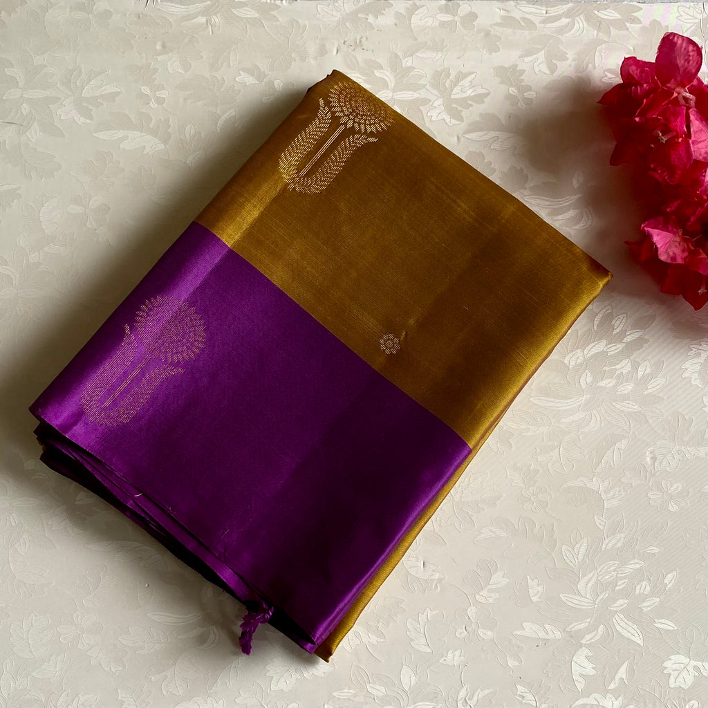 Royal Purple Designer Pure Silk Saree With Mustard Gold Contrast