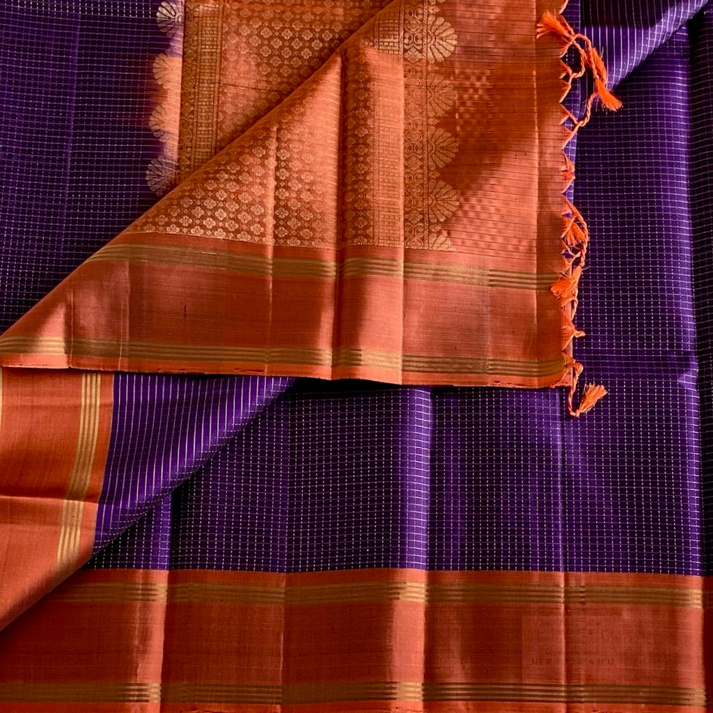 Deep Purple Designer Pure Silk Saree With Burnt Orange Pallu
