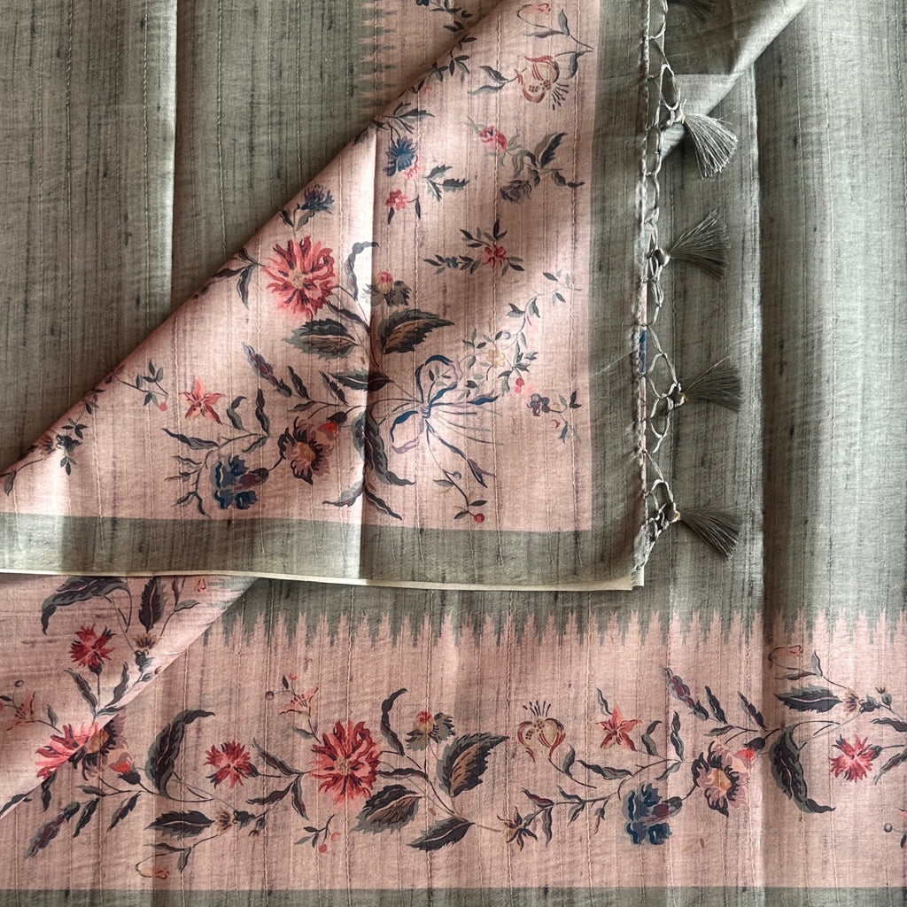 Sage Green Dusty Rose Floral Pallu Printed Border Tassel Saree