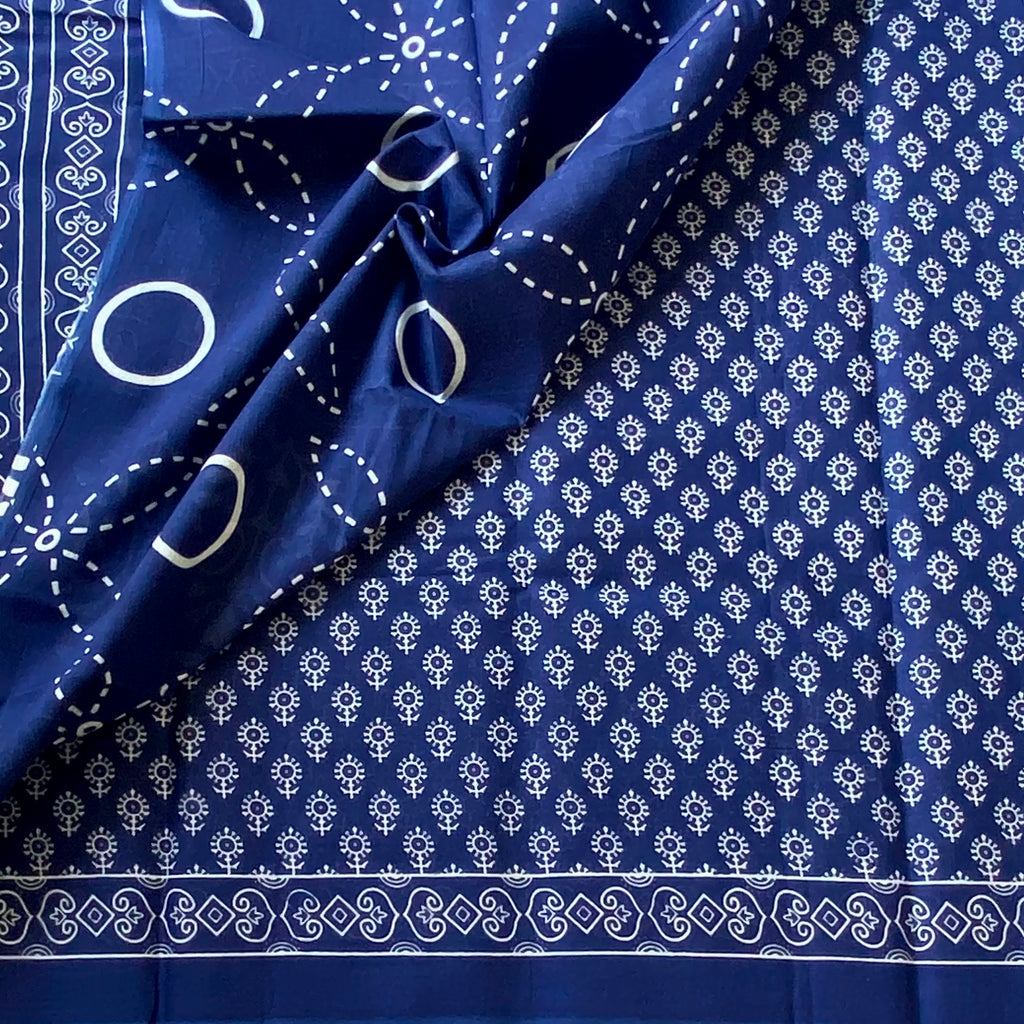 Royal Blue White Block Print Saree With Printed Border Classic
