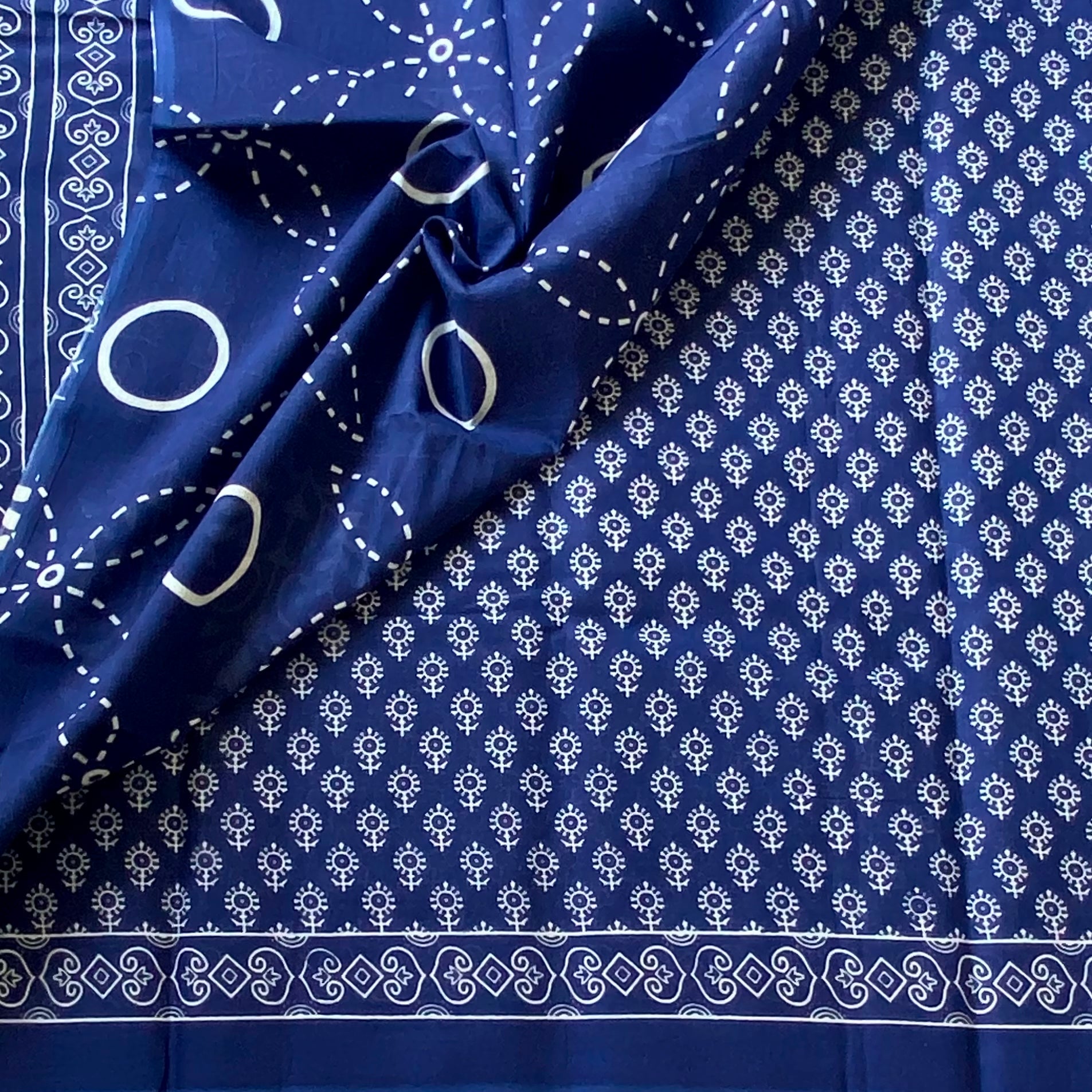 Royal Blue White Block Print Saree With Printed Border Classic
