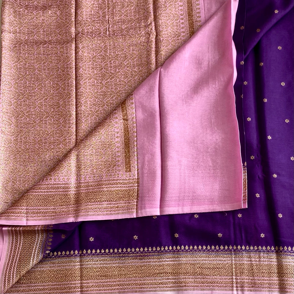 Banarasi Crepe Silk Royal Purple With Blush Pink Pallu And Gold Zari