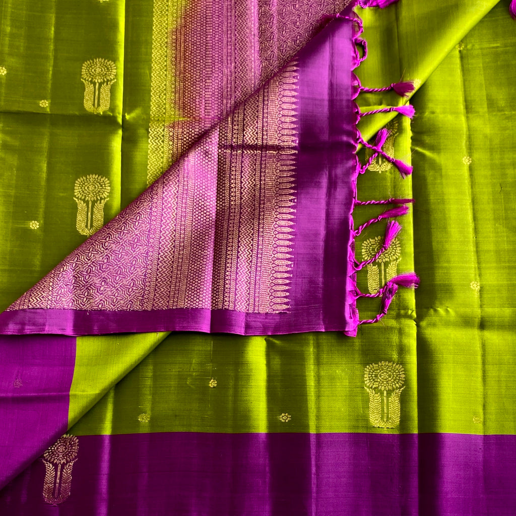 Chartreuse Green Designer Pure Silk Saree With Rich Magenta Pallu