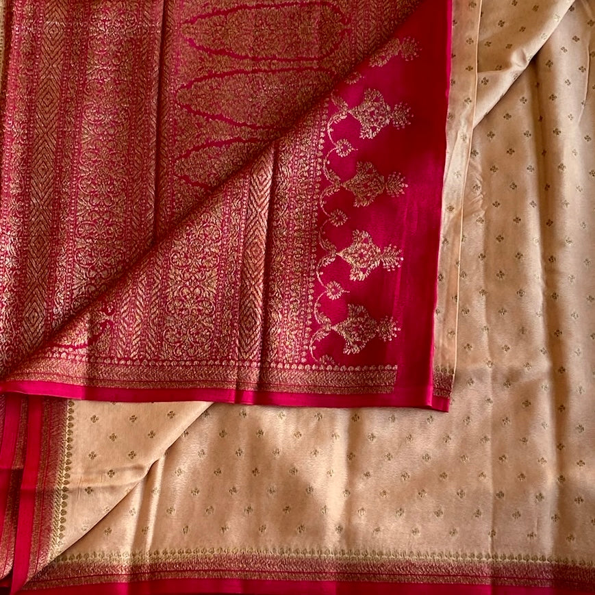 Pastel Rose Gold Banarasi Soft Crepe Silk With Rani Pink Pallu