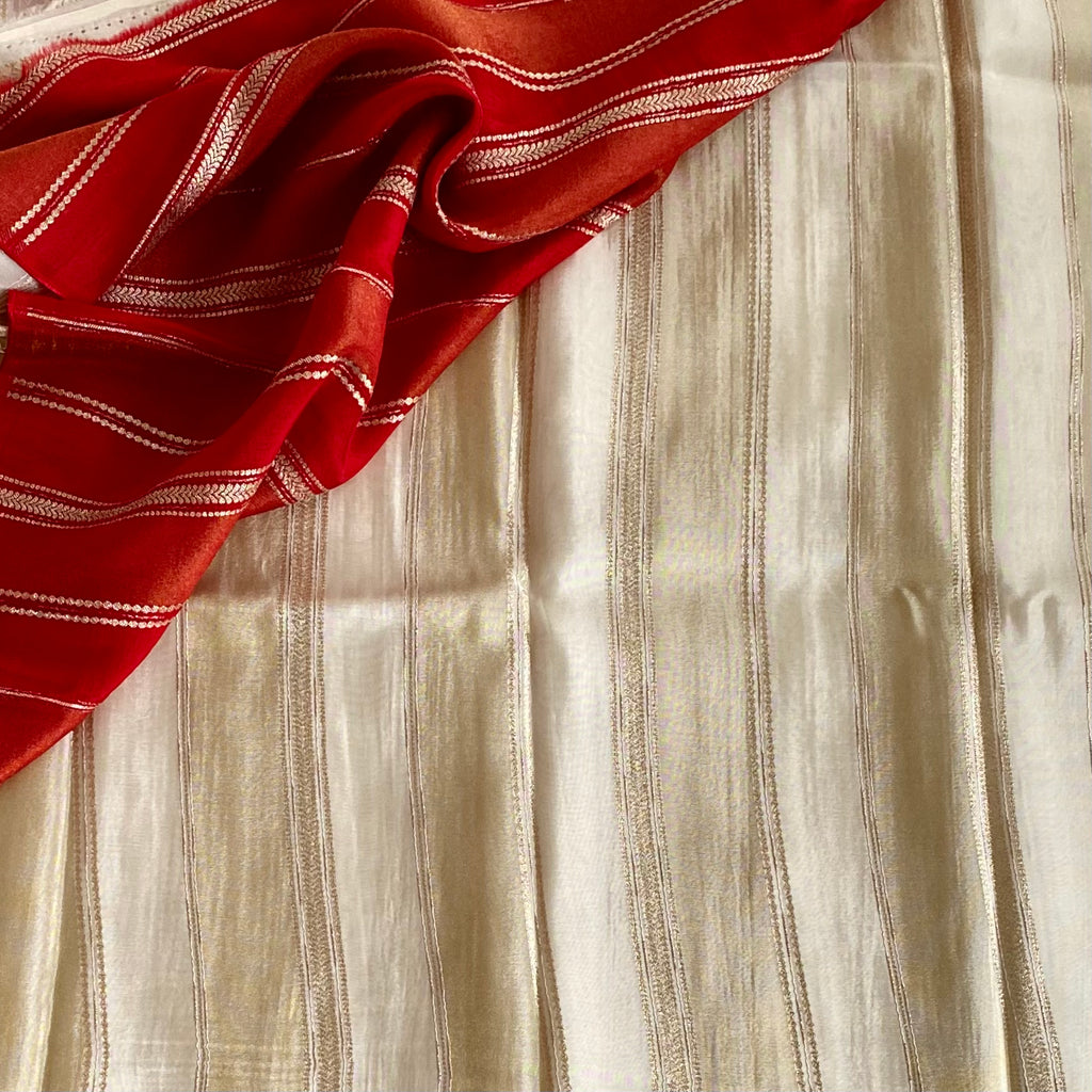 Ivory Blush Silk Saree with Gold Stripes and Medallions Elegant