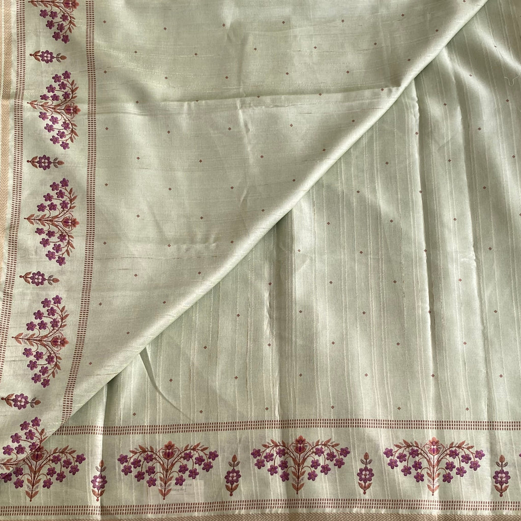 Pastel Sage Green Softest Tussar Saree With Deep Magenta Floral Border