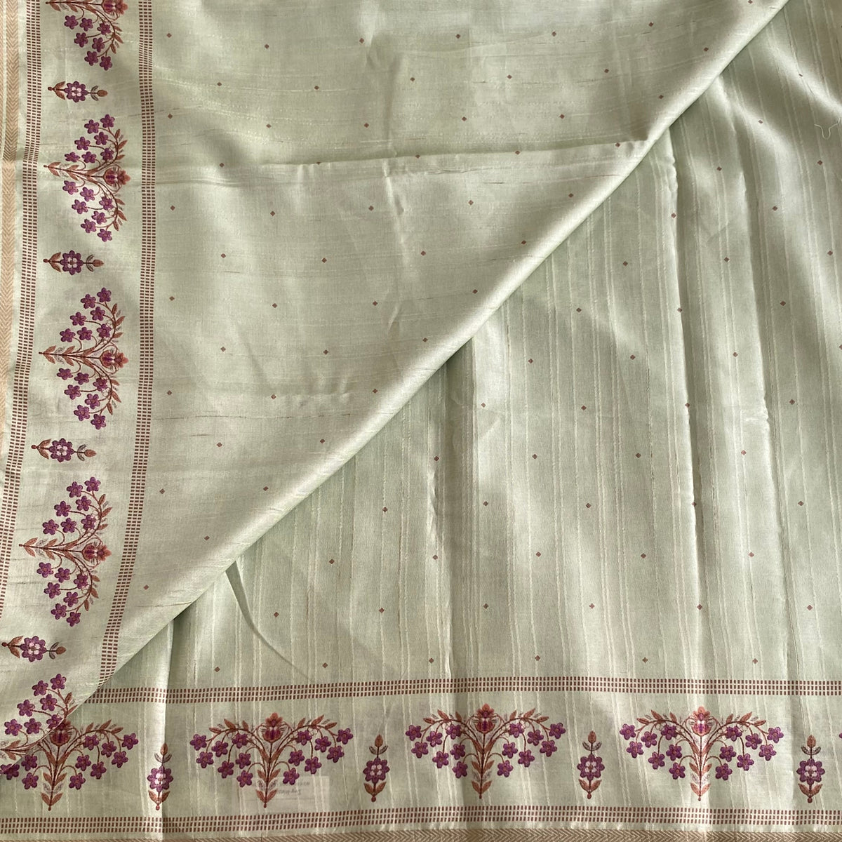 Pastel Sage Green Softest Tussar Saree With Deep Magenta Floral Border