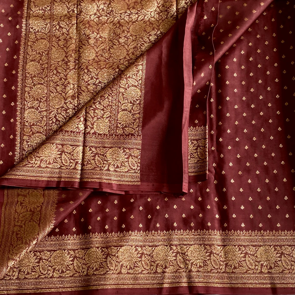 Burgundy Brown Banarasi Crepe Silk Saree With Antique Gold Brocade Pallu