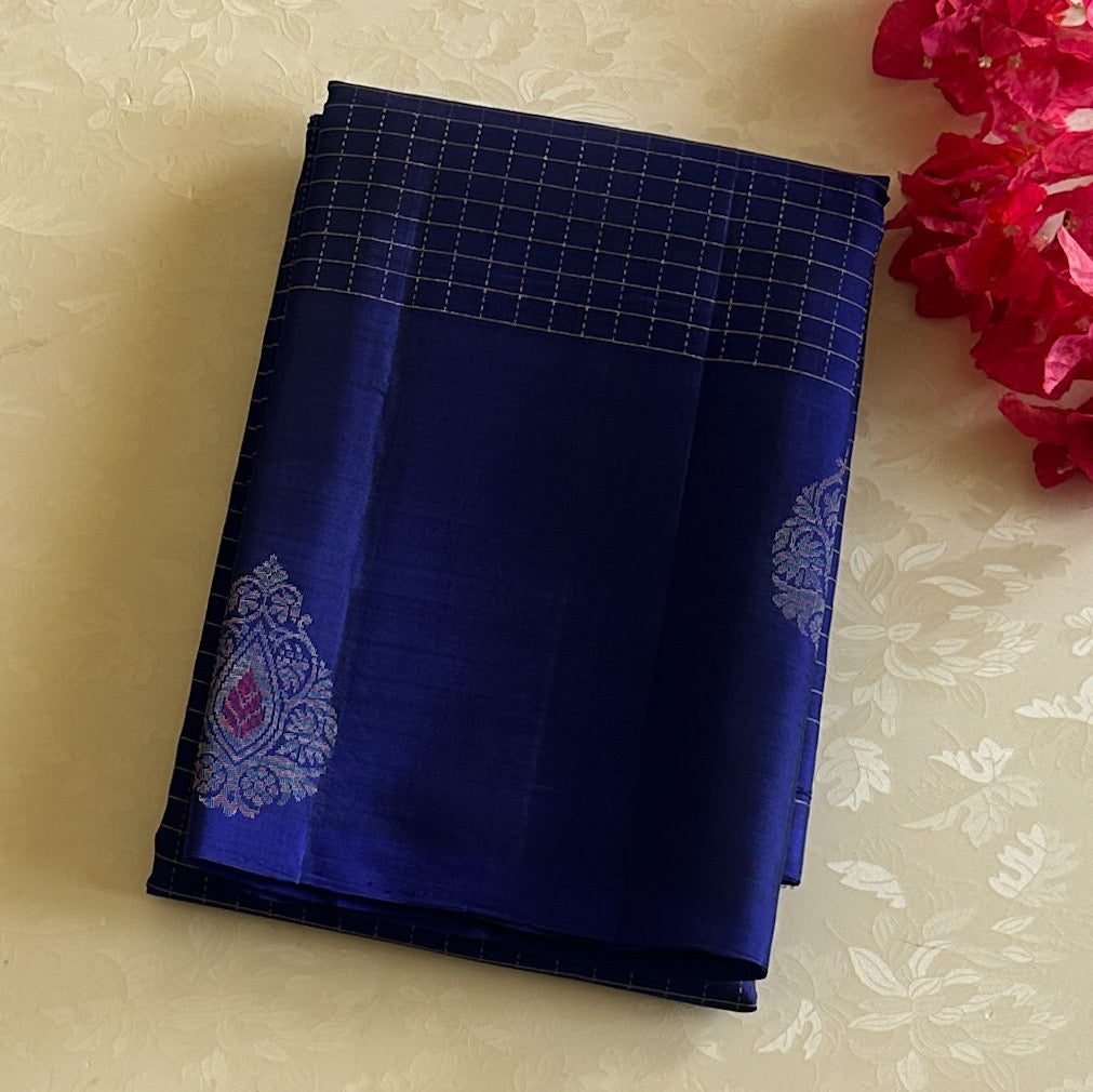 Sapphire Blue Silk Saree Silver Zari Floral Border Paisley Buta