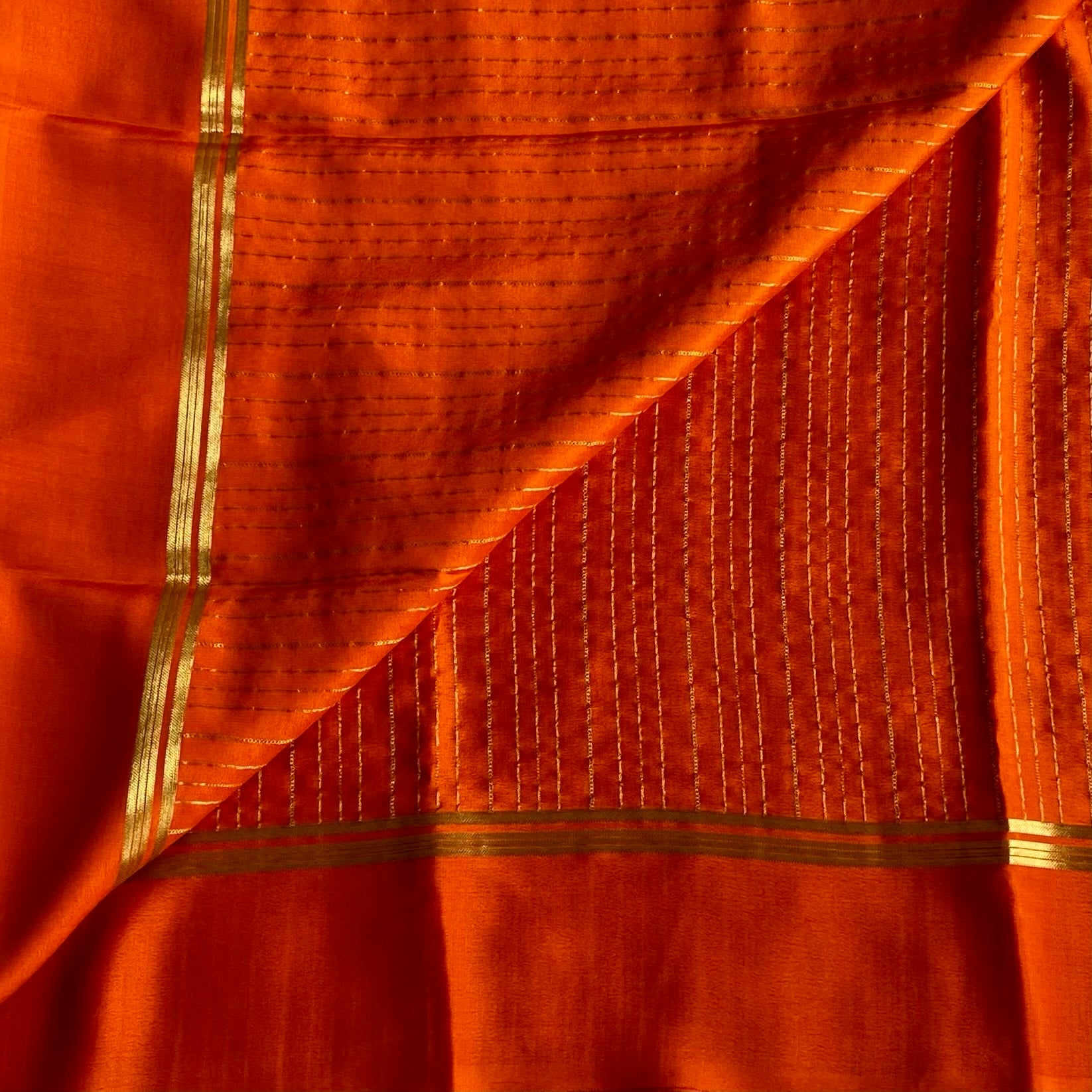 Burnt Orange Mysore Crepe Silk Saree With Metallic Gold Stripes