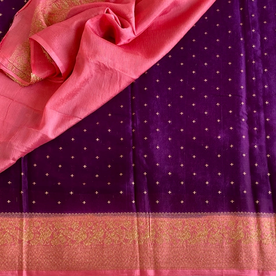 Royal Purple Soft Tussar Silk Saree With Rani Pink Pallu