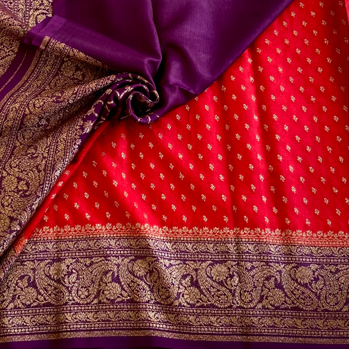 Scarlet Red Banarasi Crepe Silk Saree With Royal Purple Pallu
