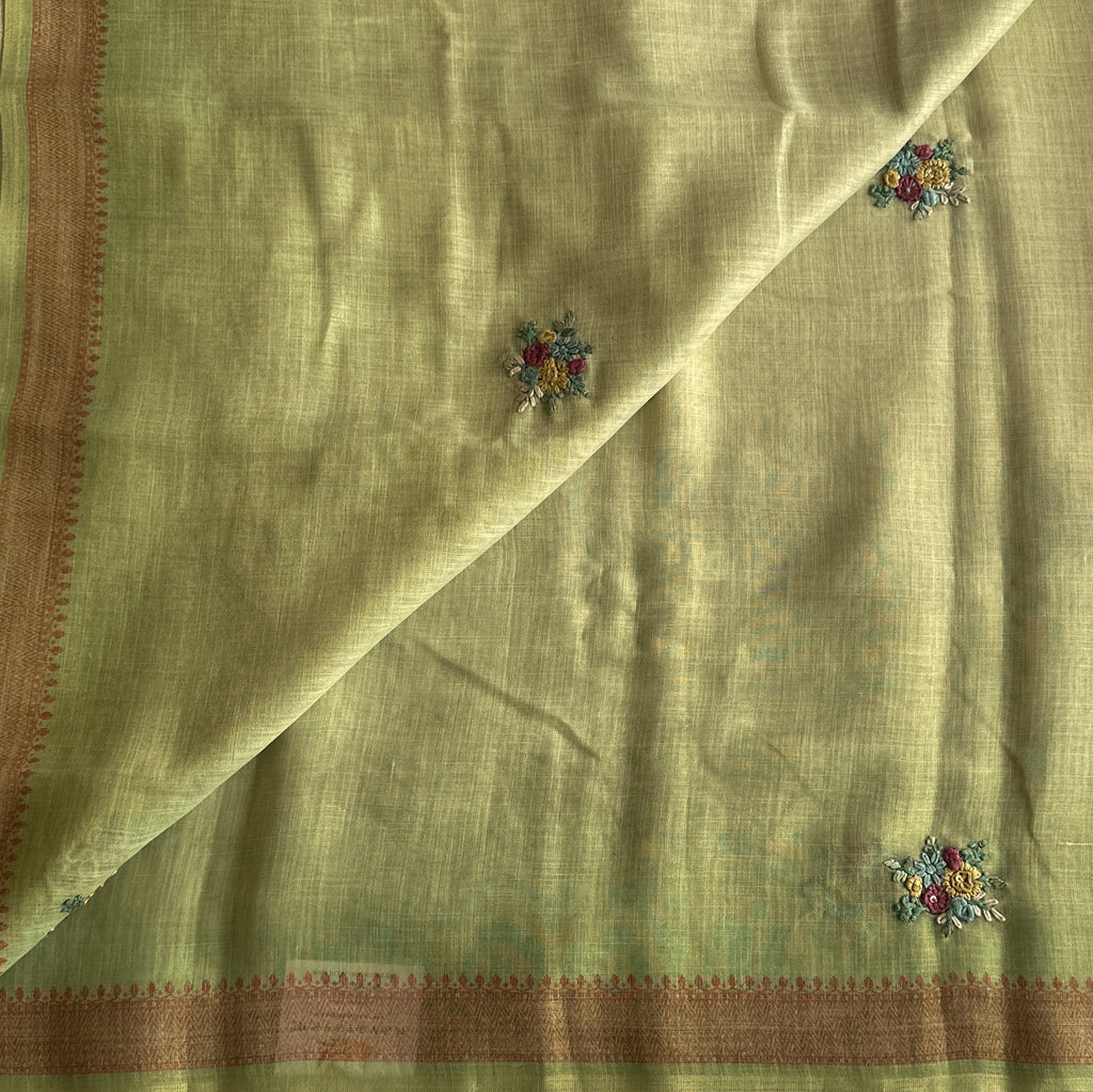 Elegant Pistachio Green Floral Embroidered Saree Antique Gold Brocade Border