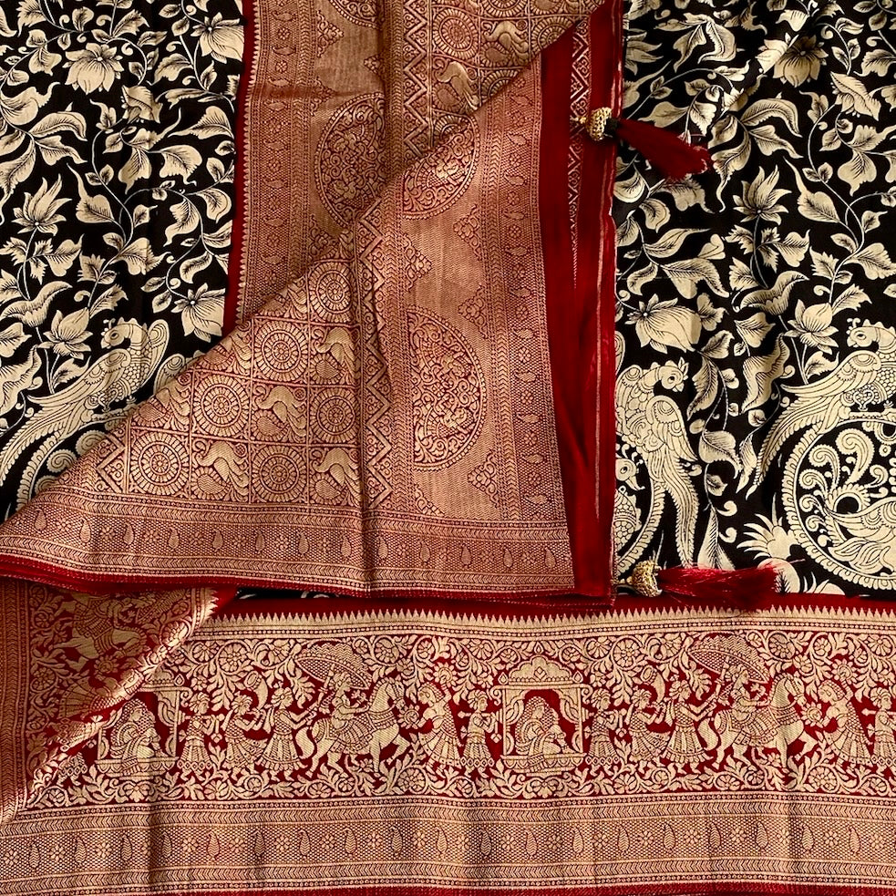 Jet Black Soft Tussar Silk Saree With Antique Gold And Maroon Red