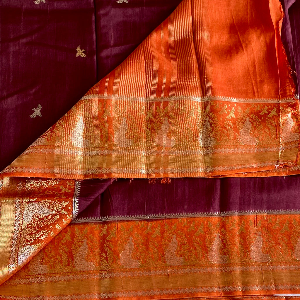 Deep Wine Maroon Soft Tussar Silk Saree With Saffron Orange Pallu