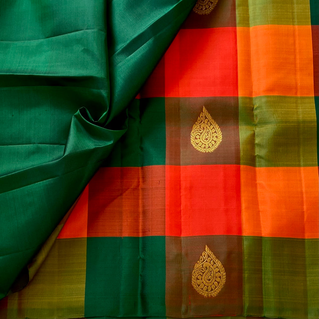 Checkered Kanjeevaram Pure Zari Silk Saree With Bottle Green Pallu