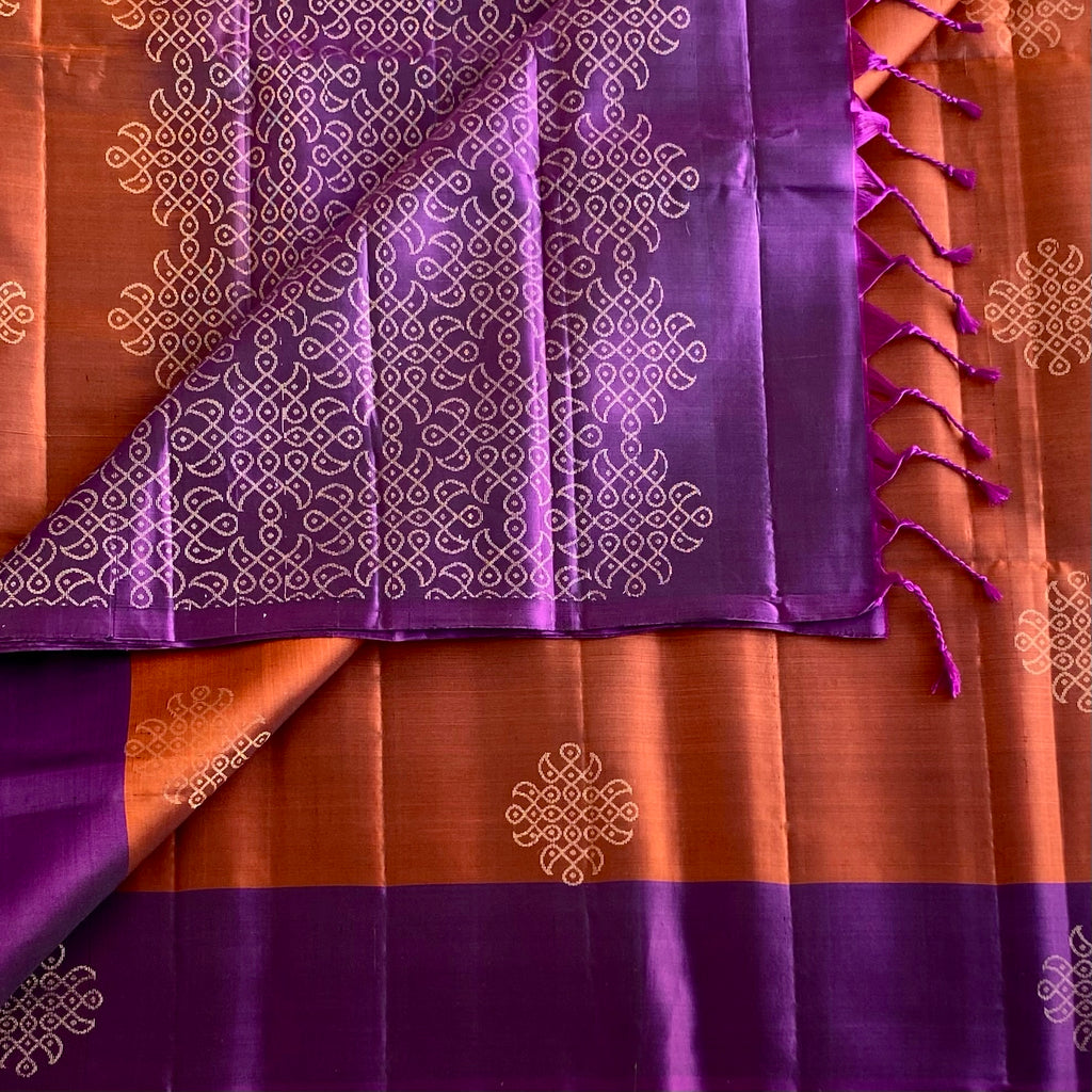 Burnt Orange Designer Pure Silk Kollam With Royal Purple