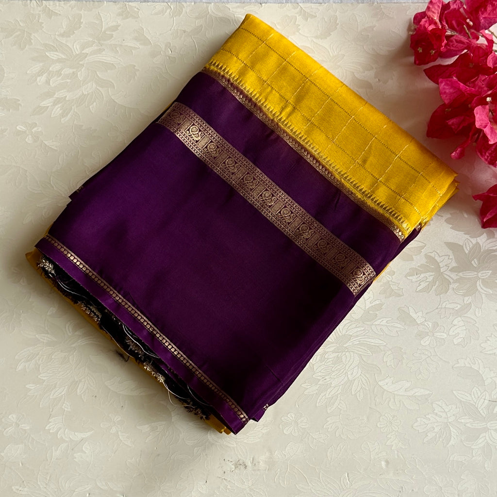 Sunflower Yellow Purple soft crepe stunner with checkered weave