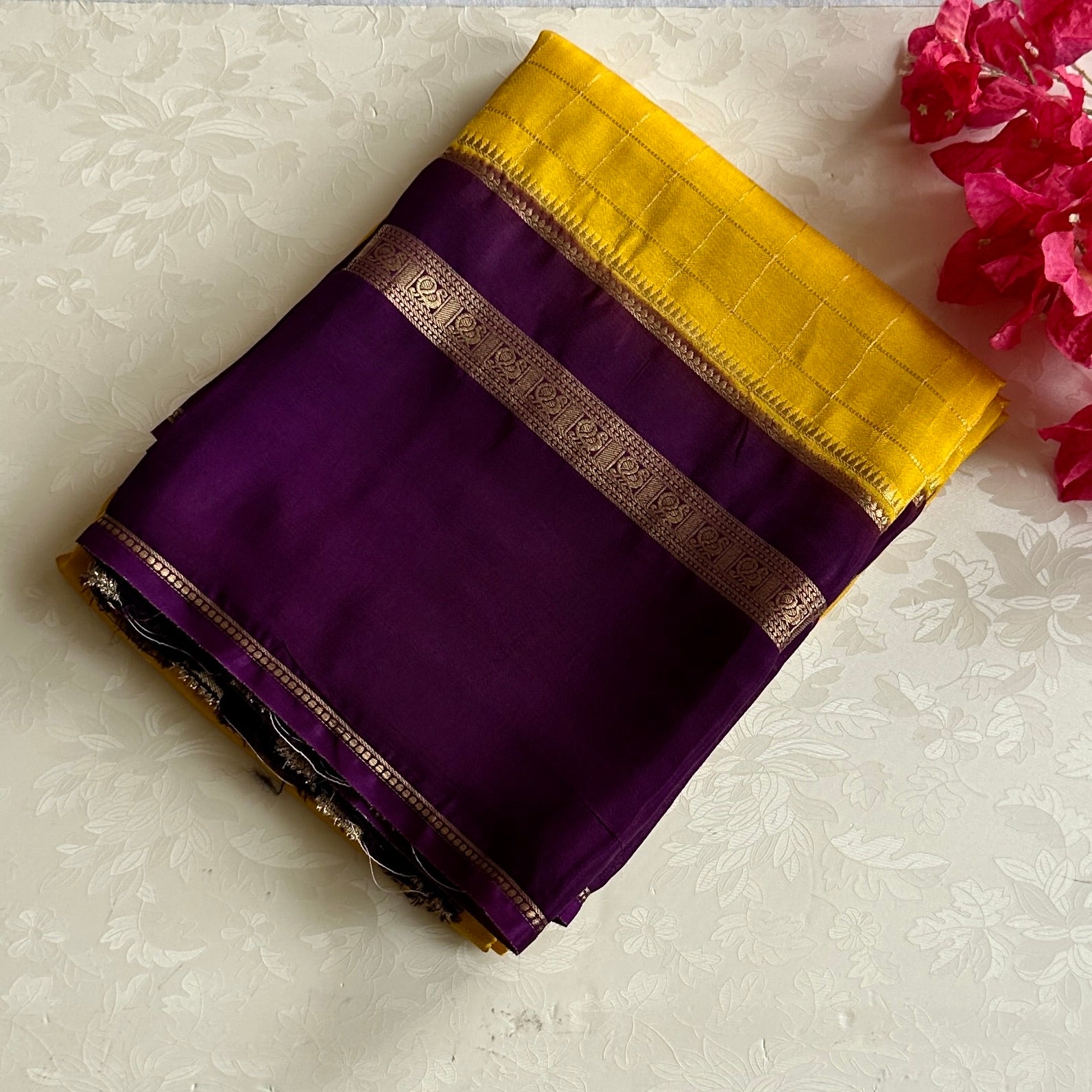 Sunflower Yellow Purple soft crepe stunner with checkered weave