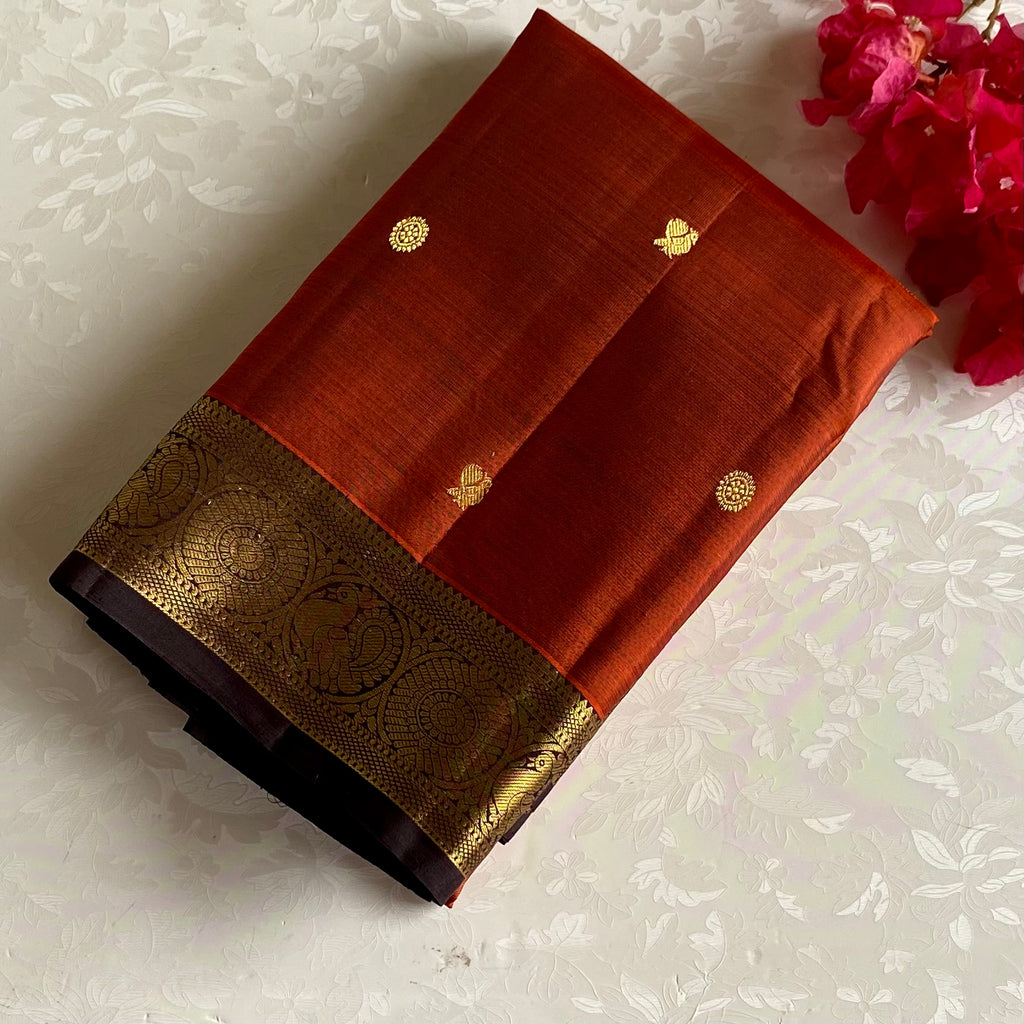 Classic Burnt Orange With Espresso Brown Pure Zari Kanjeevaram
