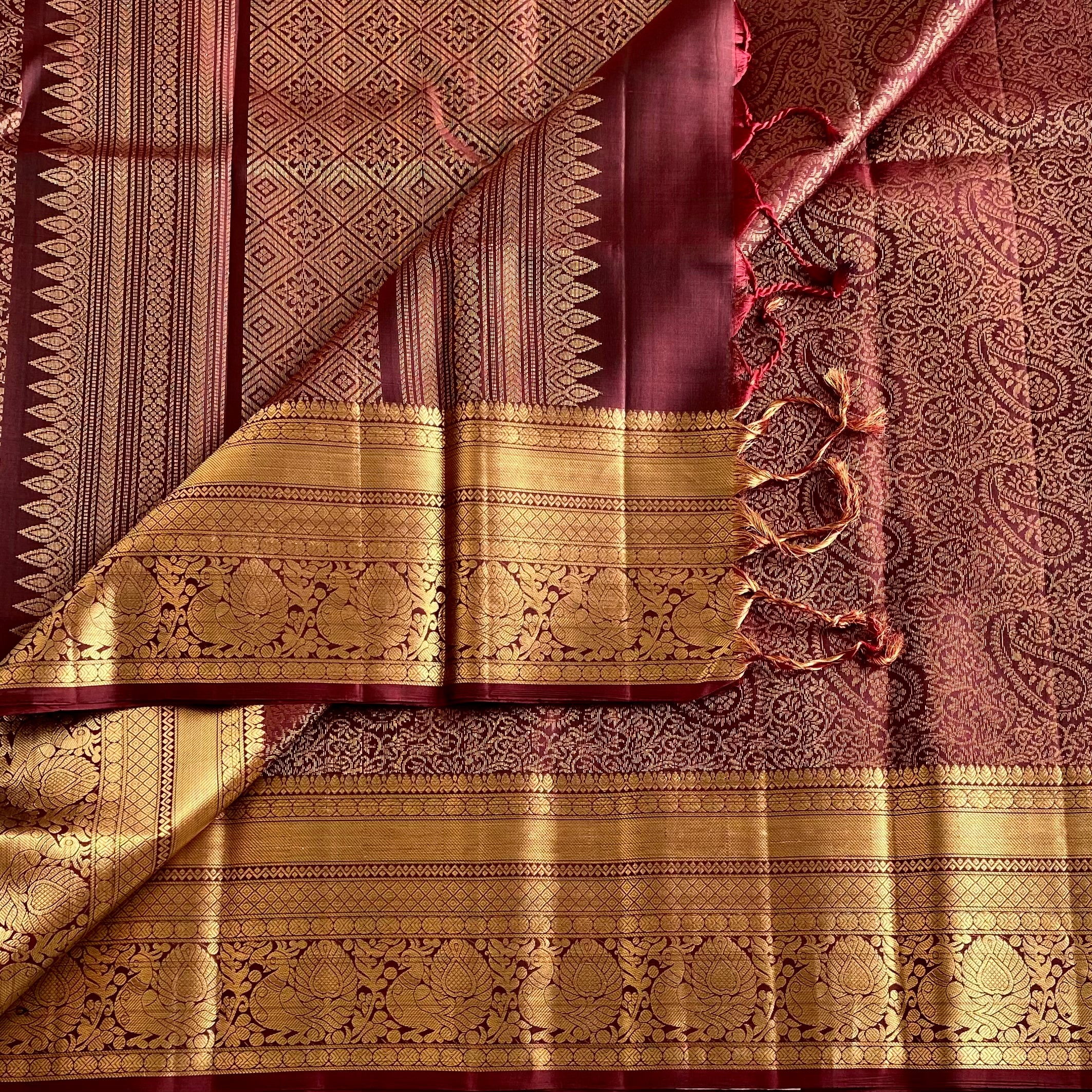 Coffee Wine Designer Brocade Pure Silk Saree With Antique Gold Jaal Border