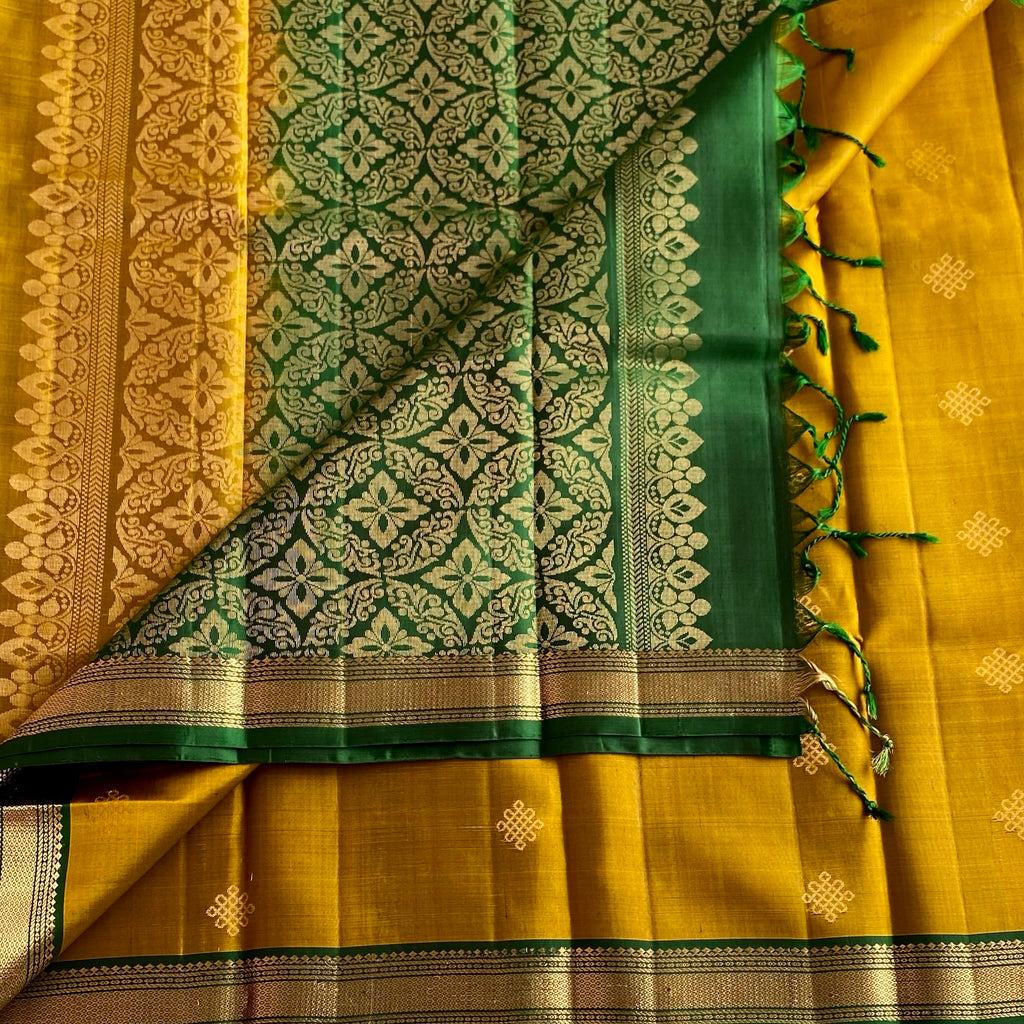Mustard Yellow Kollam Zari Weave Designer Pure Silk Saree With Emerald Green Border