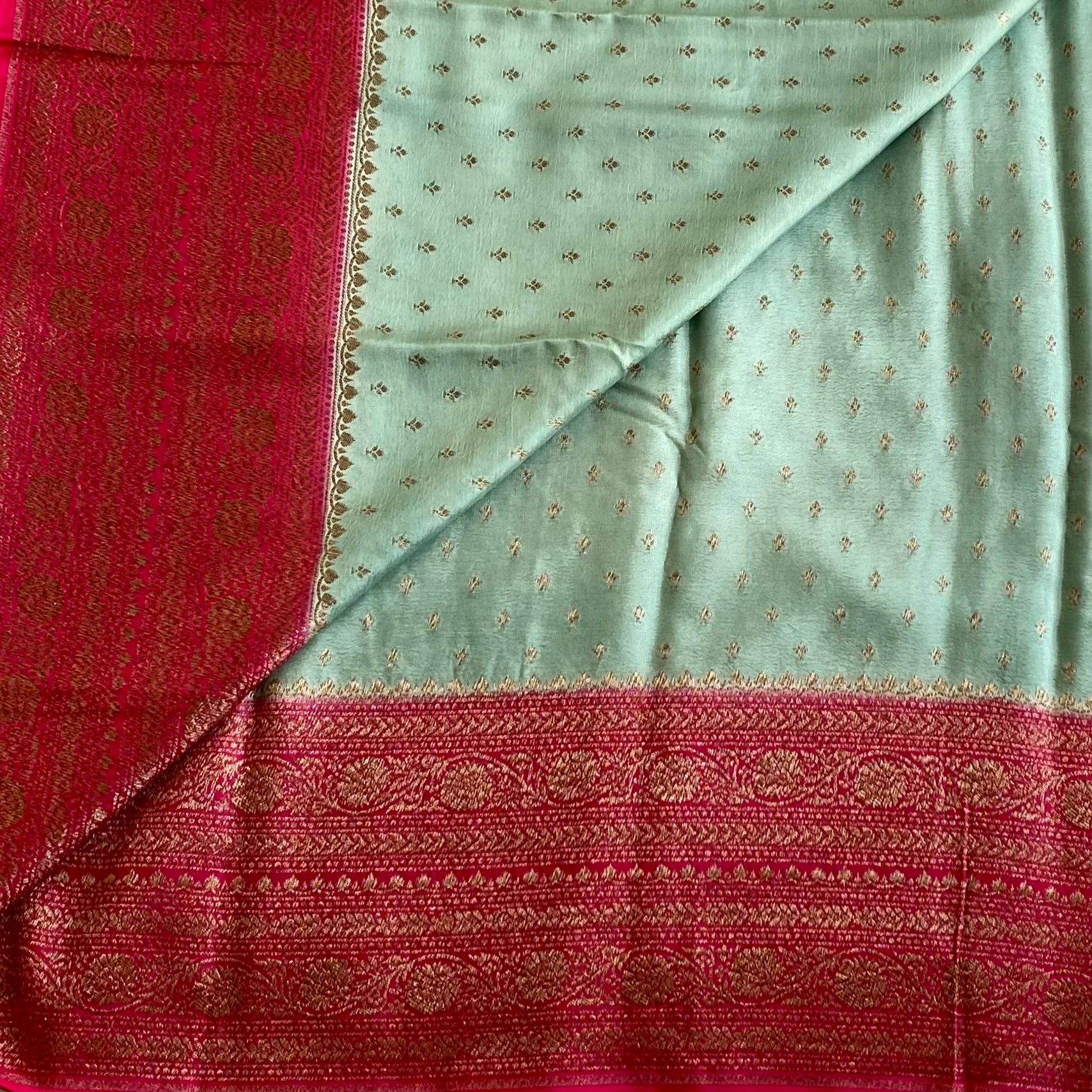 Mint Green Banarasi Crepe Silk Saree With Rani Pink Contrast Panel