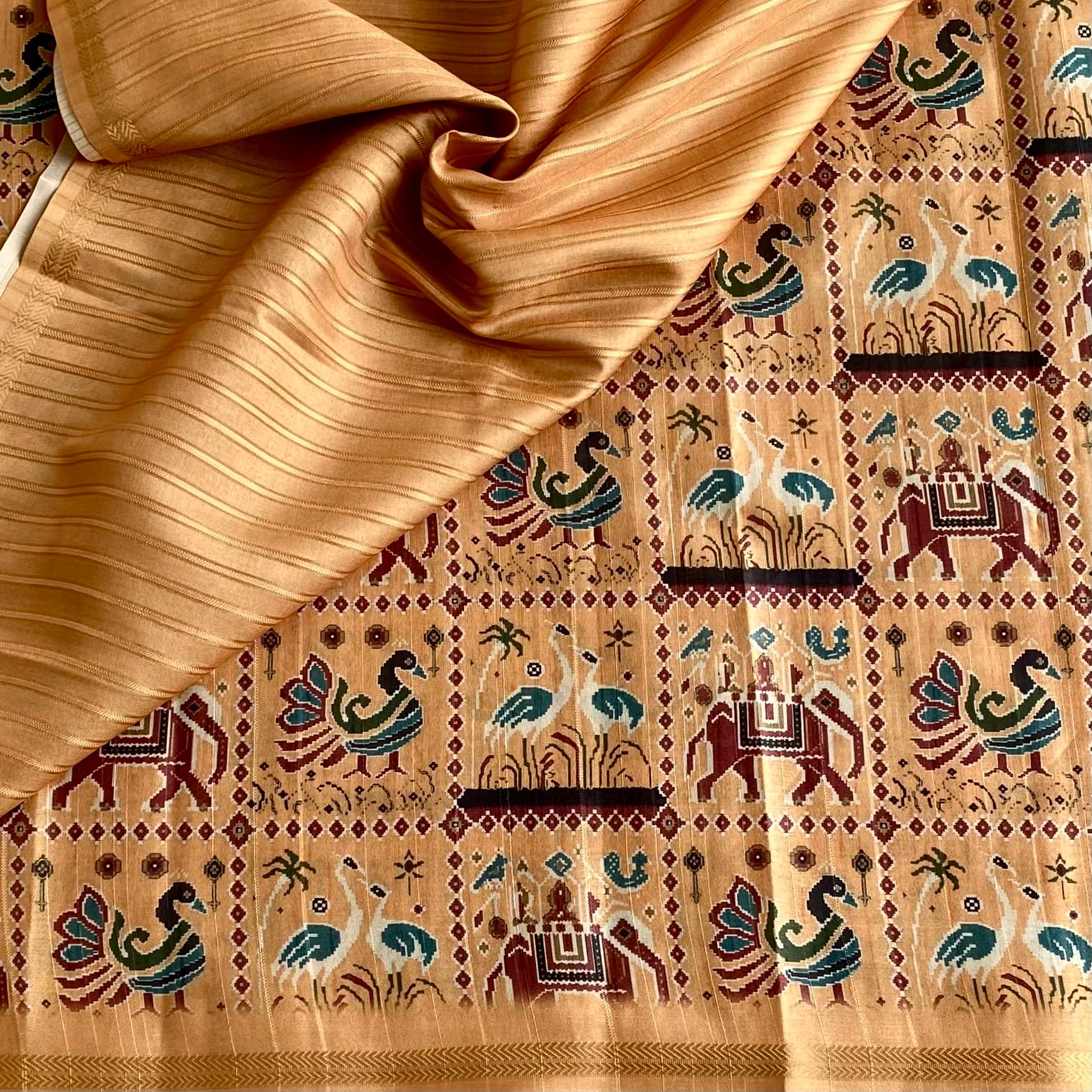 Golden Mustard Soft Tussar Silk Saree With Maroon Motifs