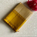 Silvery beige designer pure silk saree with mustard yellow pallu