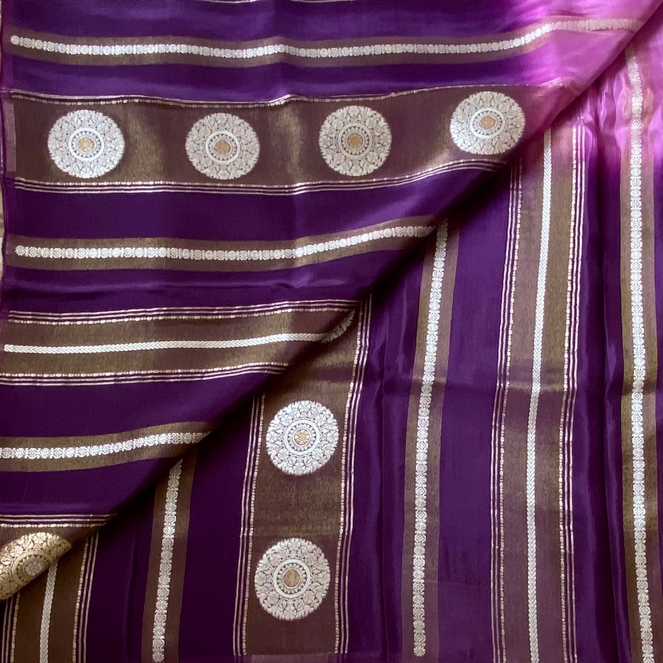 Ombre Lilac with purple soft satin crepe with zari woven work