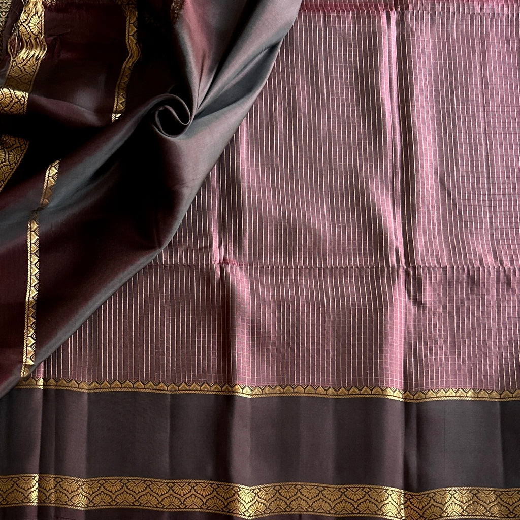 Plum Gold Zari Leaf Border Saree Striped Pallu Traditional Wear