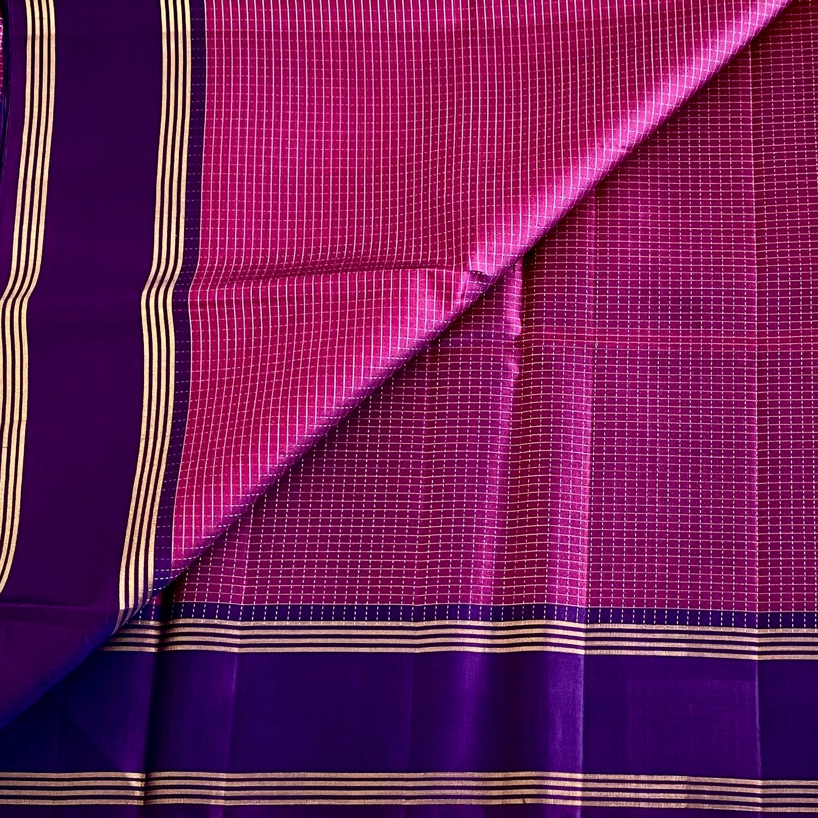Dual Shaded Magenta Checkered Pure Silk With Purple Pallu Striped Border